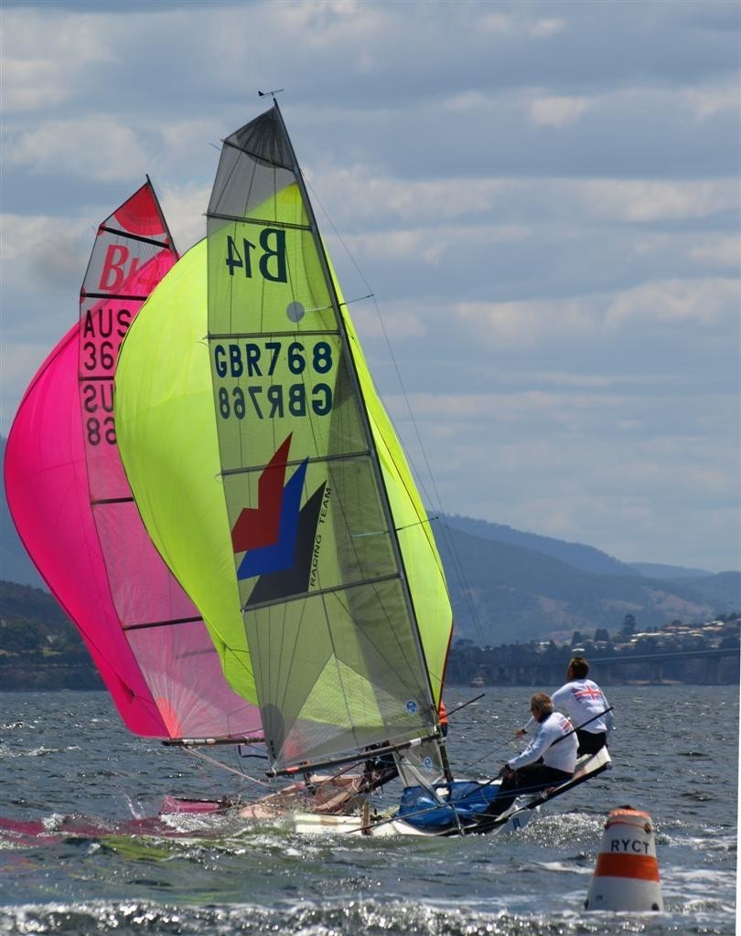 Seavolution (2nd place) hot on the heels of The Nude (NSW) - B14 World Championship Royal Yacht Club of Tasmania Hobart  © Jane Austin